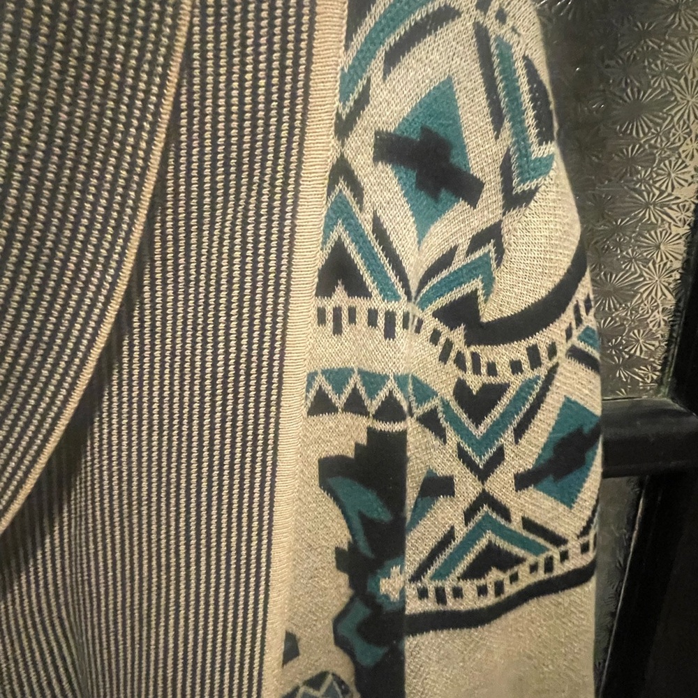 Beige And Teal Patterned Open-Front Cardigan Swea… - image 4